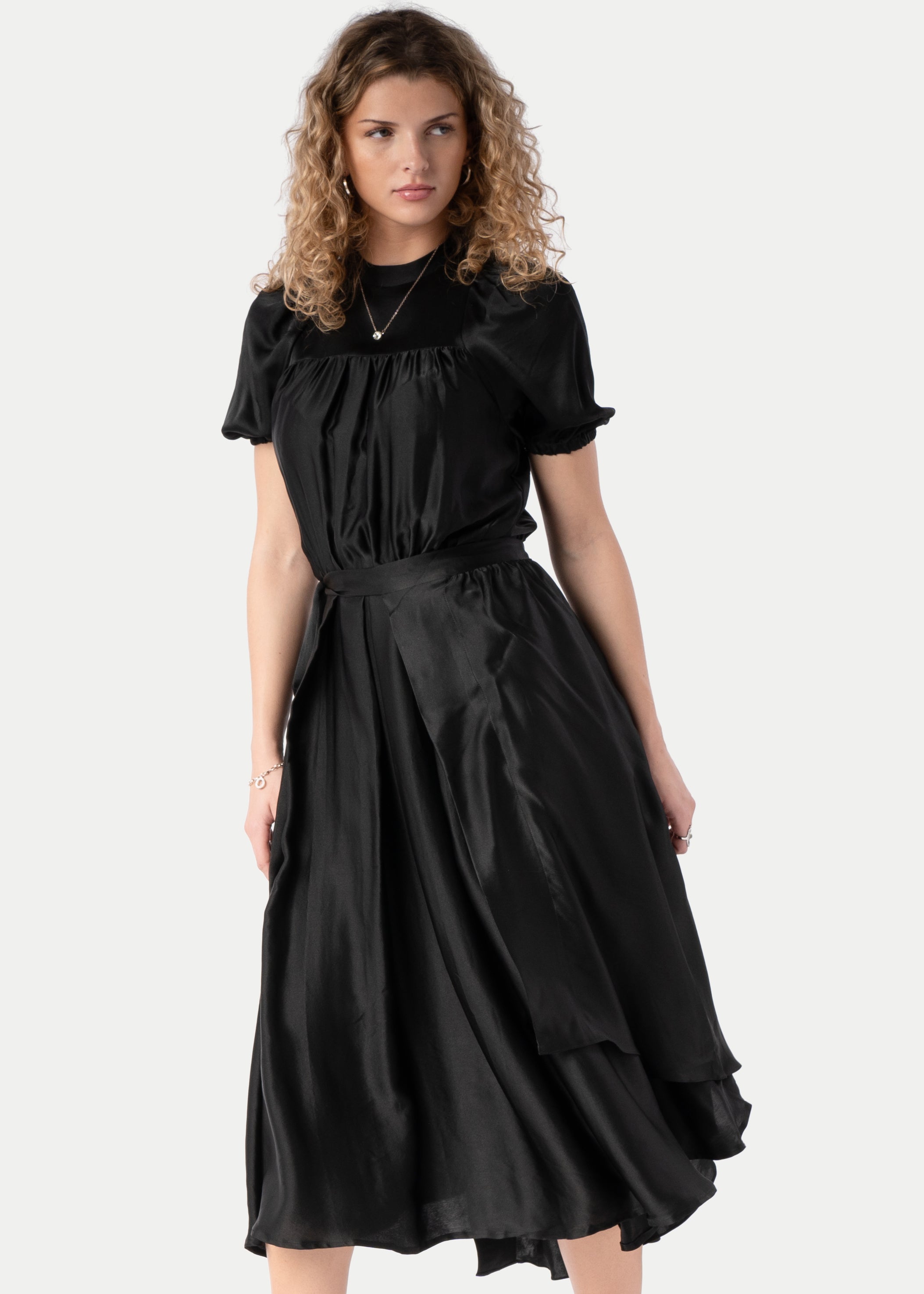 Evelyn Below Knee Fitted Silk Dress with Raglan Sleeve and Asymmetrical Flounce